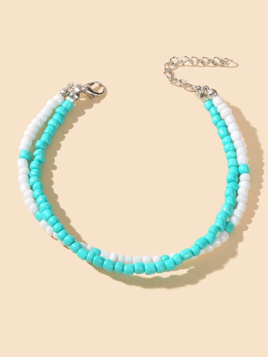 Handmade Blue White Double Layer Seed Beads Anklets Bohemian Beach Foot Jewelry