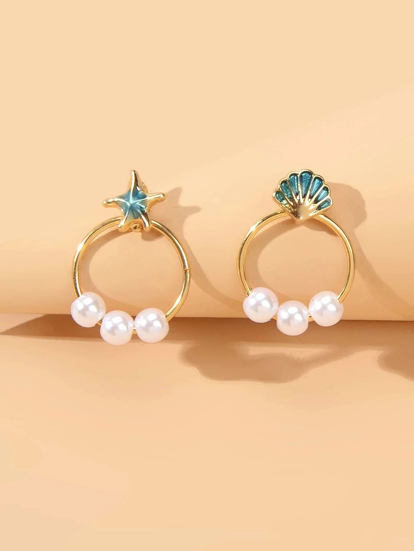 Fashion Jewellery Gold Circle Starfish Shell Asymmetric Stud Earrings Accessory