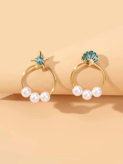 Fashion Jewellery Gold Circle Starfish Shell Asymmetric Stud Earrings Accessory